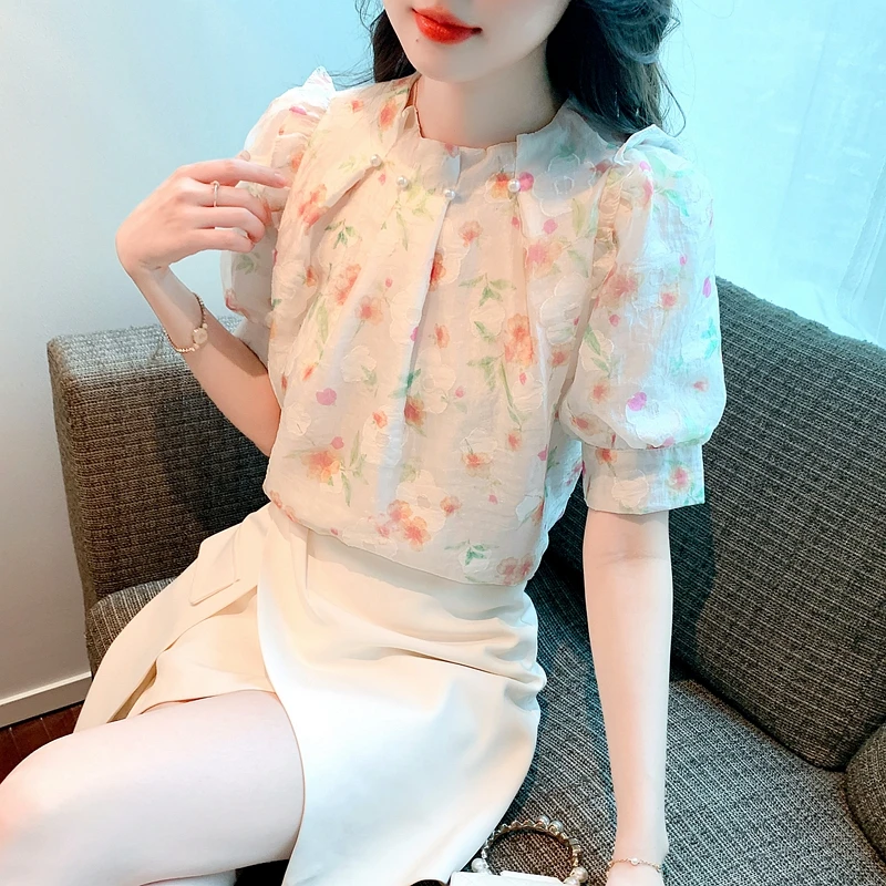 New Summer Women Tops Print Chiffon Blouse Shirt Blusas Mujer De Moda 2024 Verano Elegantes Short Sleeve Blouse Women Tops G518