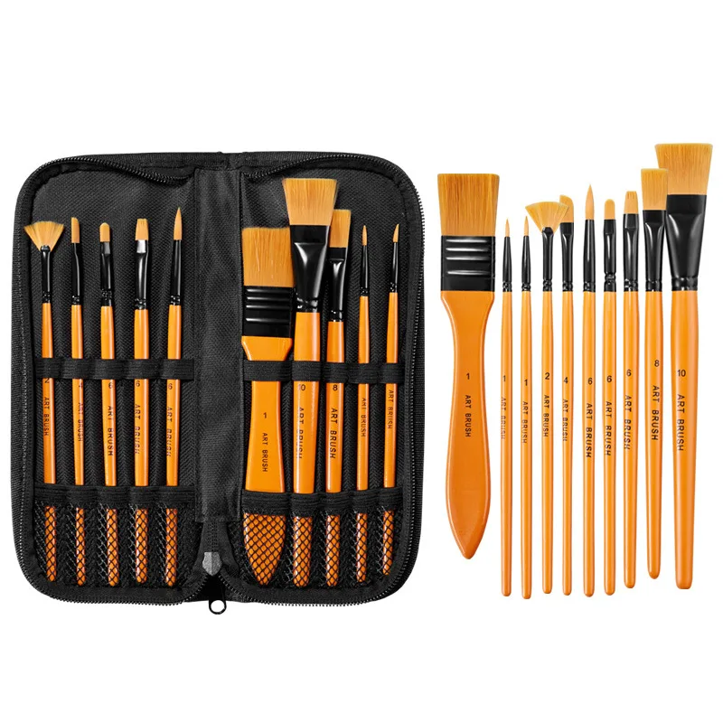 10 Pcds Orange Short Rod Multifunctional Nylon Brush Set with Canvas Bag Watercolor Acrylic Oil Brush Fine Art Painting Tools