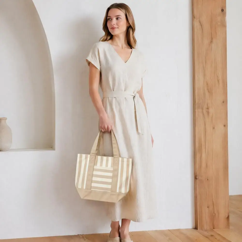 Striped Canvas Tote Bag Stylish Reusable Grocery Tote with Front Pocket Shoulder Bag for Shopping Picnic Commuting