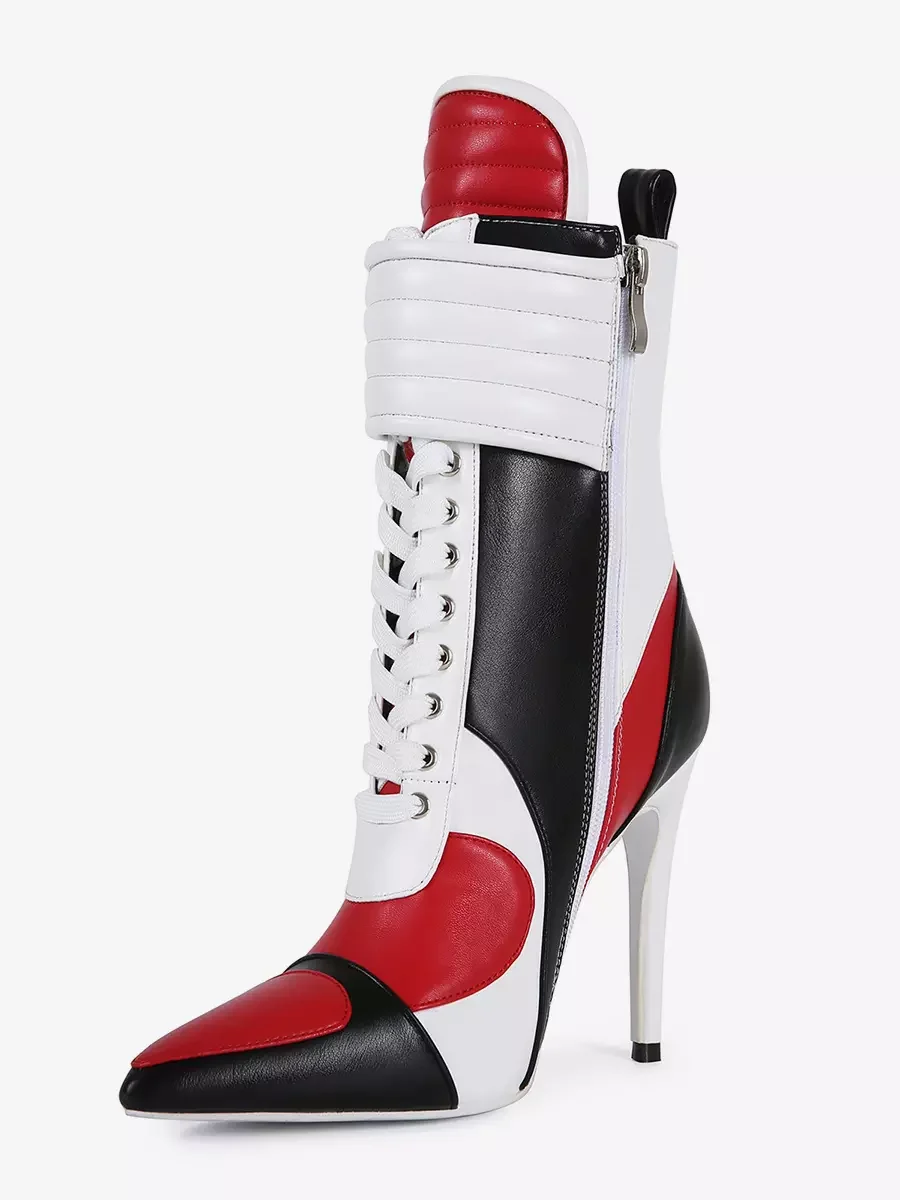 2024 Knee High Woman Boots Sexy Pointed Toe Lace-up Ladies Long Boots Thin Heel Patchwork Leather Motorcycle Boots 44