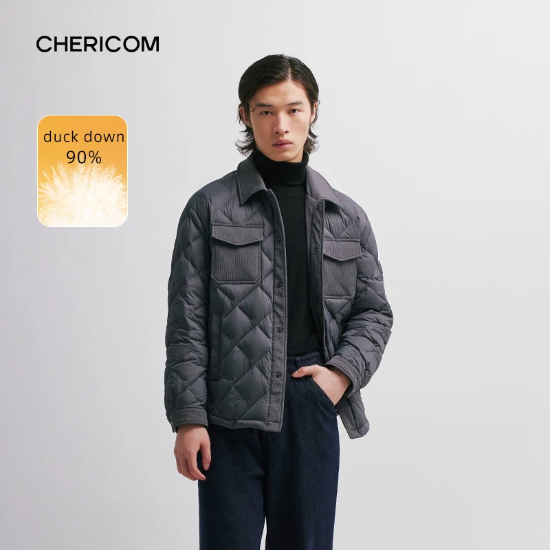 Chericom Autumn Winter Men's Short Lapel Down Jacket Solid Splicing Pocket Casual Jacket Duck Down Warm Plaid Outerwear 299533