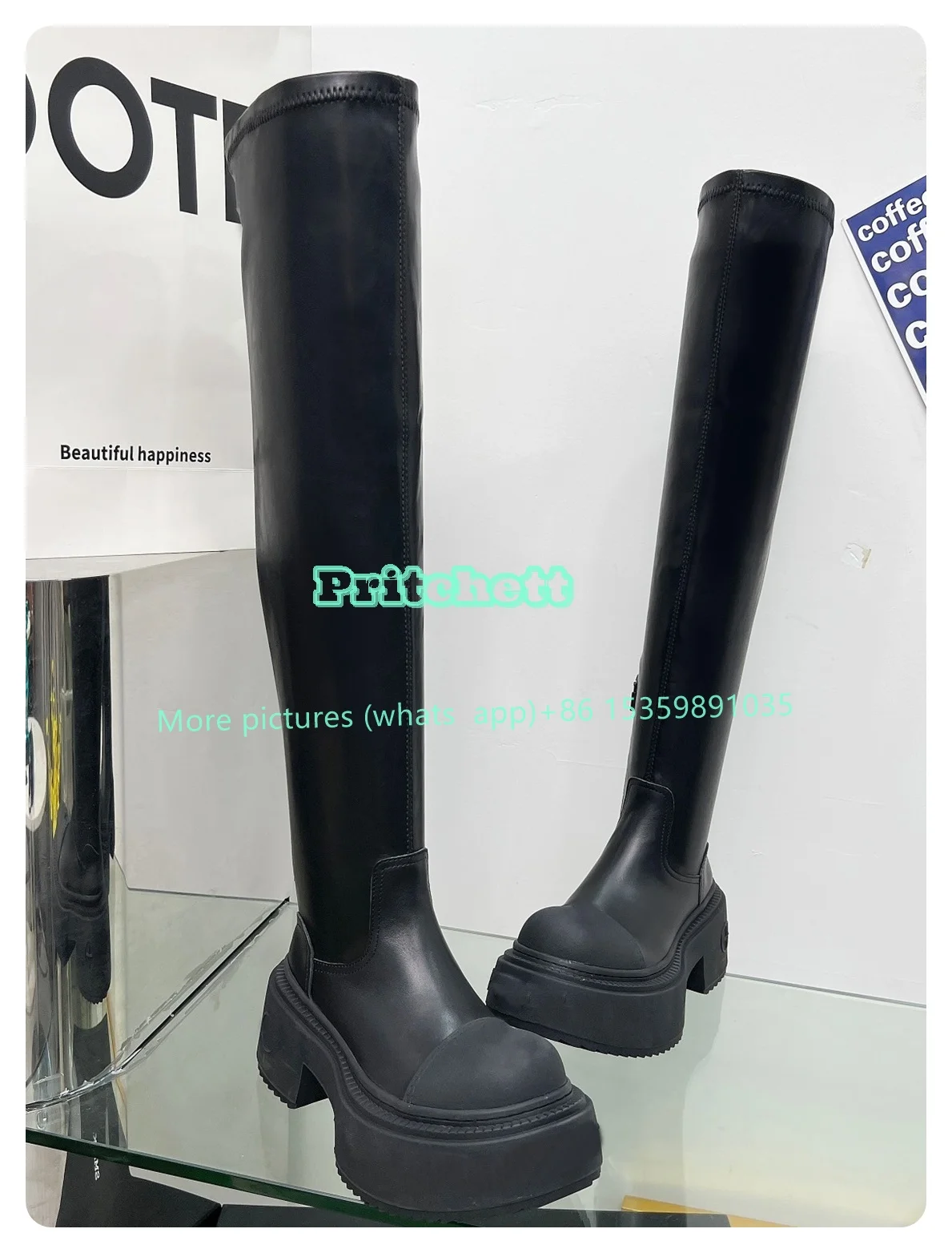 Black Platform Chunky Heels Round Toe Over-knee Boots Women Height Increasing Fashion Boots Side Zipper 2024 New Arrivals Solid