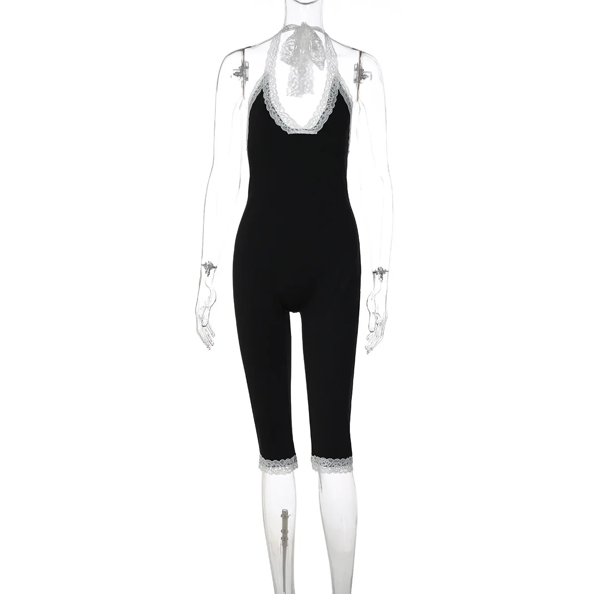 Damen-Jumpsuit mit Spitzenbesatz, Neckholder, V-Ausschnitt, ärmellos, Capri-Overall, figurbetont, schmale Passform, Y2K-Streetwear, neuer Sommer-Einteiler-Bodysuit – Detail 6