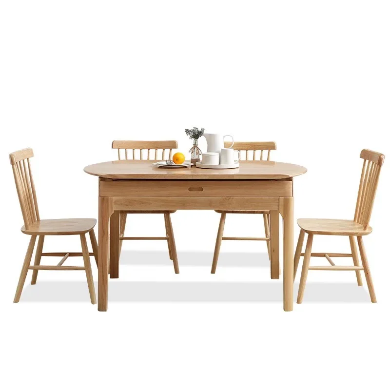 Modern solid wood dining table set with chair round fold and extension design, requires household furniture assembly