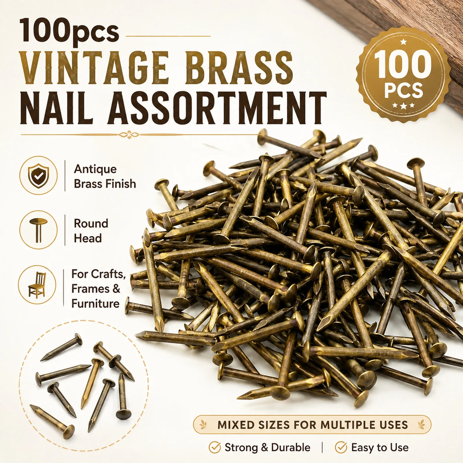 100pcs Vintage Brass Nail Assortment , 1.2-2.8mm Antique Brass Round Head for Crafts, Frames & Furniture Accents