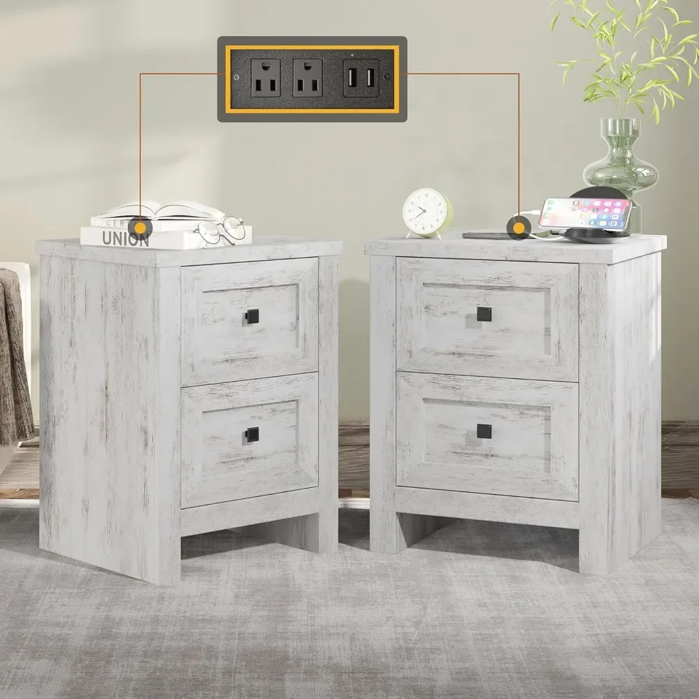 

Large Nightstand Set of 2 with Charging Station, Bedside Table with USB Ports and Outlets, Farmhouse Wood End Table for Bedroom