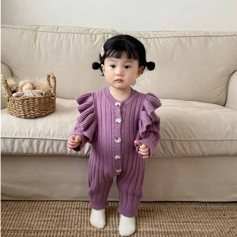 2024 Infant Spring Clothes New Solid Girl Baby Knitted Cardigan Flounce Long Sleeve Romper Kid Cotton Jumpsuit Newborn One-piece