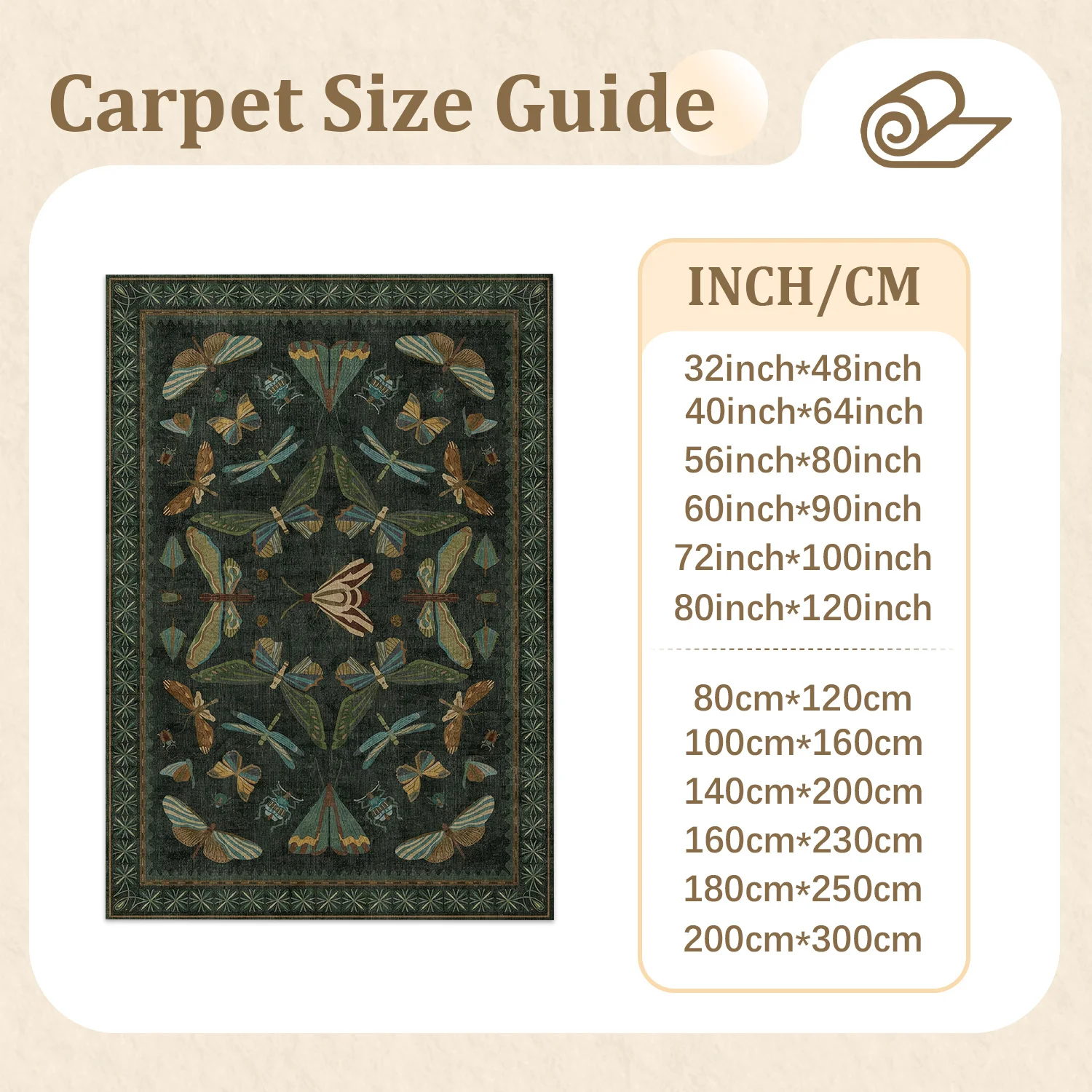 Large Indoor Area Rug, Soft Velvet Low Pile with Non-slip Dotted Backing, Machine Washable Vintage Insect Motif Rug featuring Butterflies, Dragonflies & Moths in Deep Forest Green, Ideal for Living Room, Bedroom, Entryway