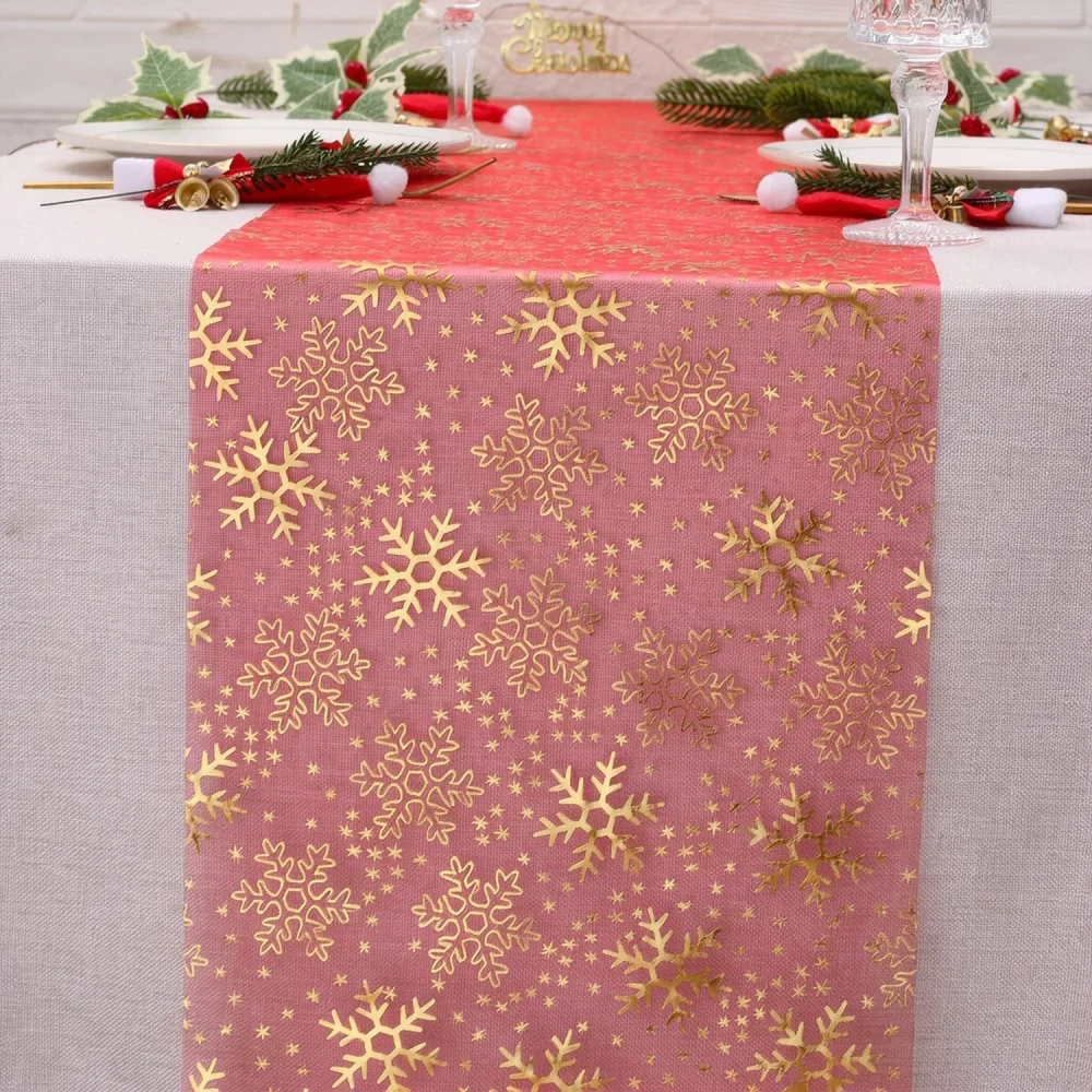 Shiny Gold Silver Foil Organza Table Runner Snowflake Elk Pattern Tablecloth Dressing For Christmas Banquet