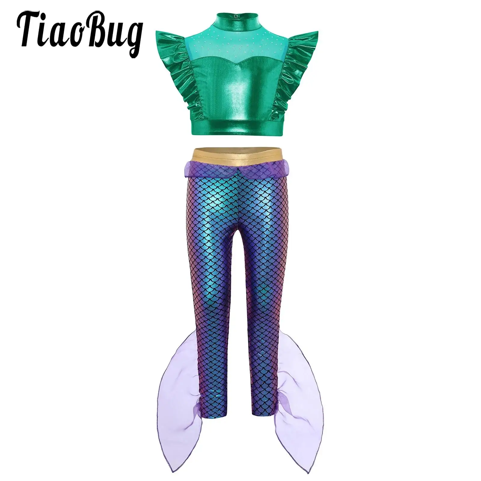 

Kids Girls Mermaid Cosplay Dance Costumes Jazz Tango Dance Sets Halloween Carnival Party Sleeveless Crop Tops with Flared Pants