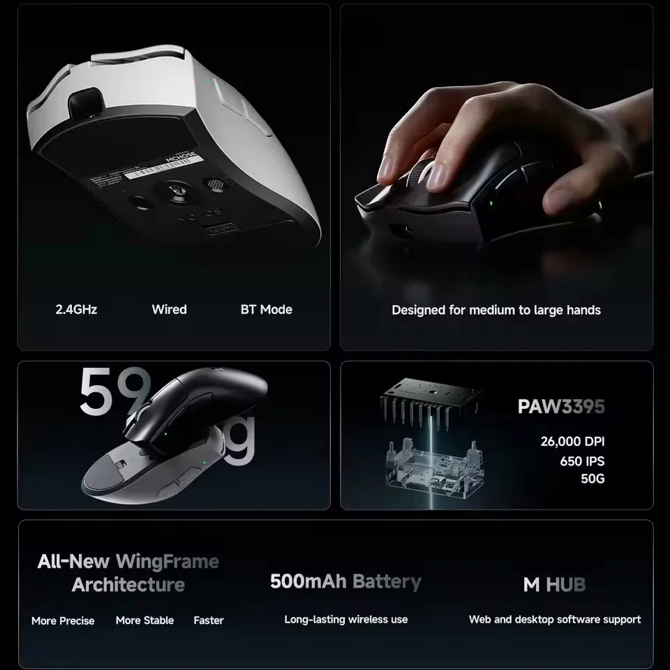 MCHOSE V7 Wireless Gaming Mouse, 59g Ultra-Lightweight, PAW3395 Sensor, Tri-Mode 2.4G/Bluetooth/Wired for PC Gamer