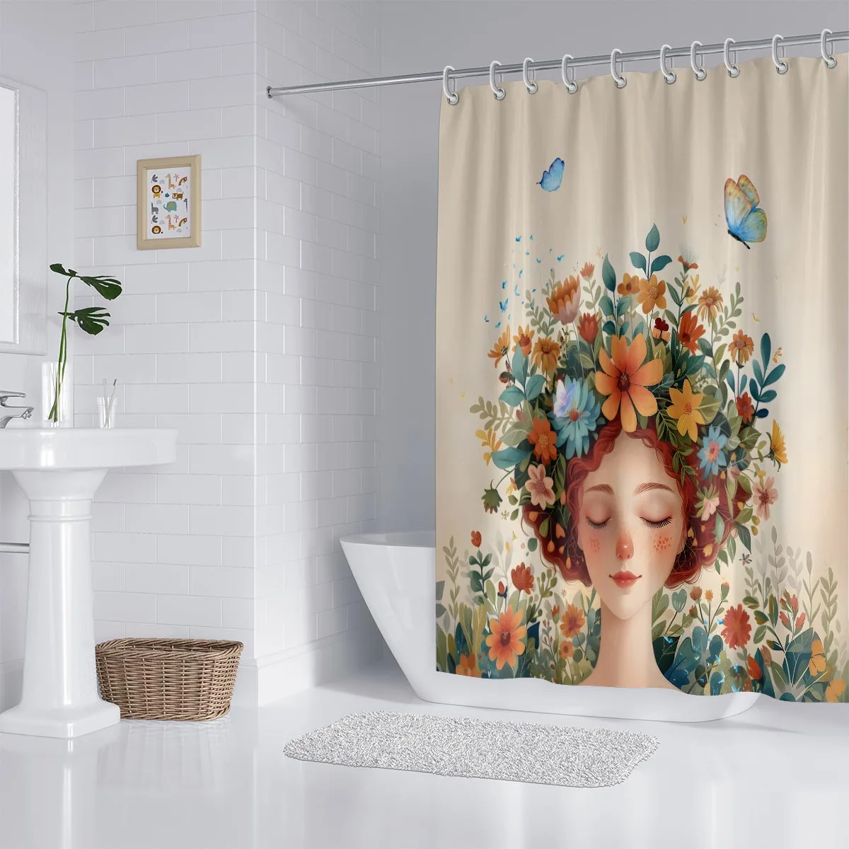 1pc Beautiful Girl Print Waterproof Shower Curtain Bathe Curtain Partition Multi Size  Hooks Easy Installation Protect Privacy