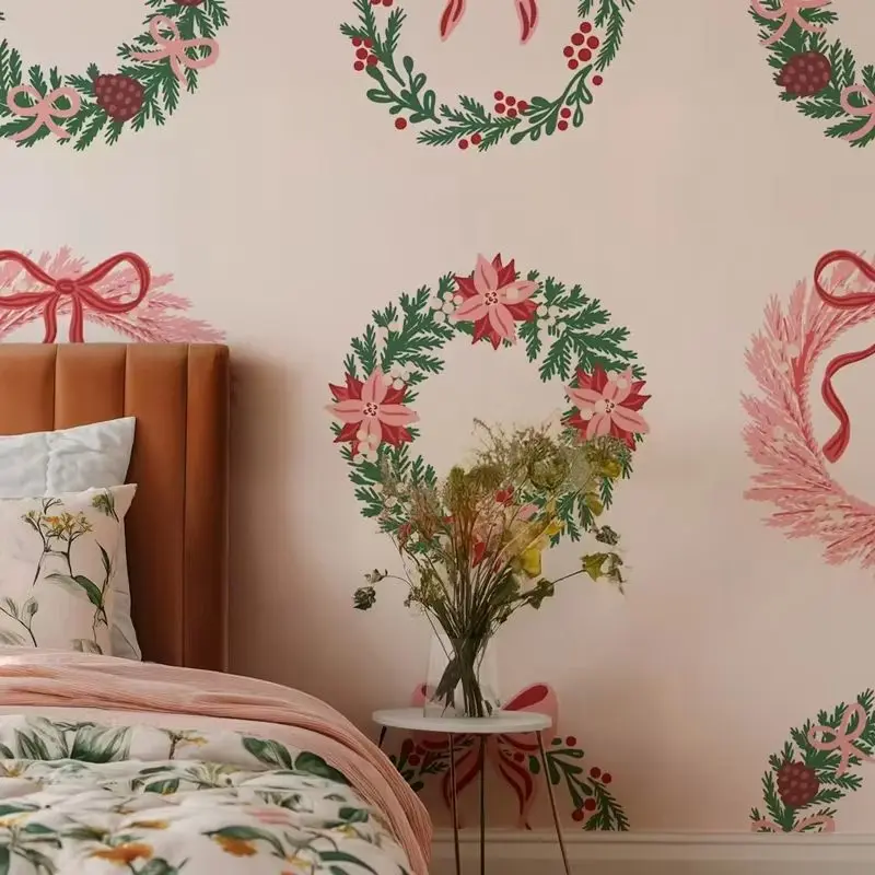 Pink Floral Wreath Wallpaper For Bedroom Decor,Hand-drawn Christmas Wreaths Wall Mural Peel and Stick,Tradition Or Self-adhesive