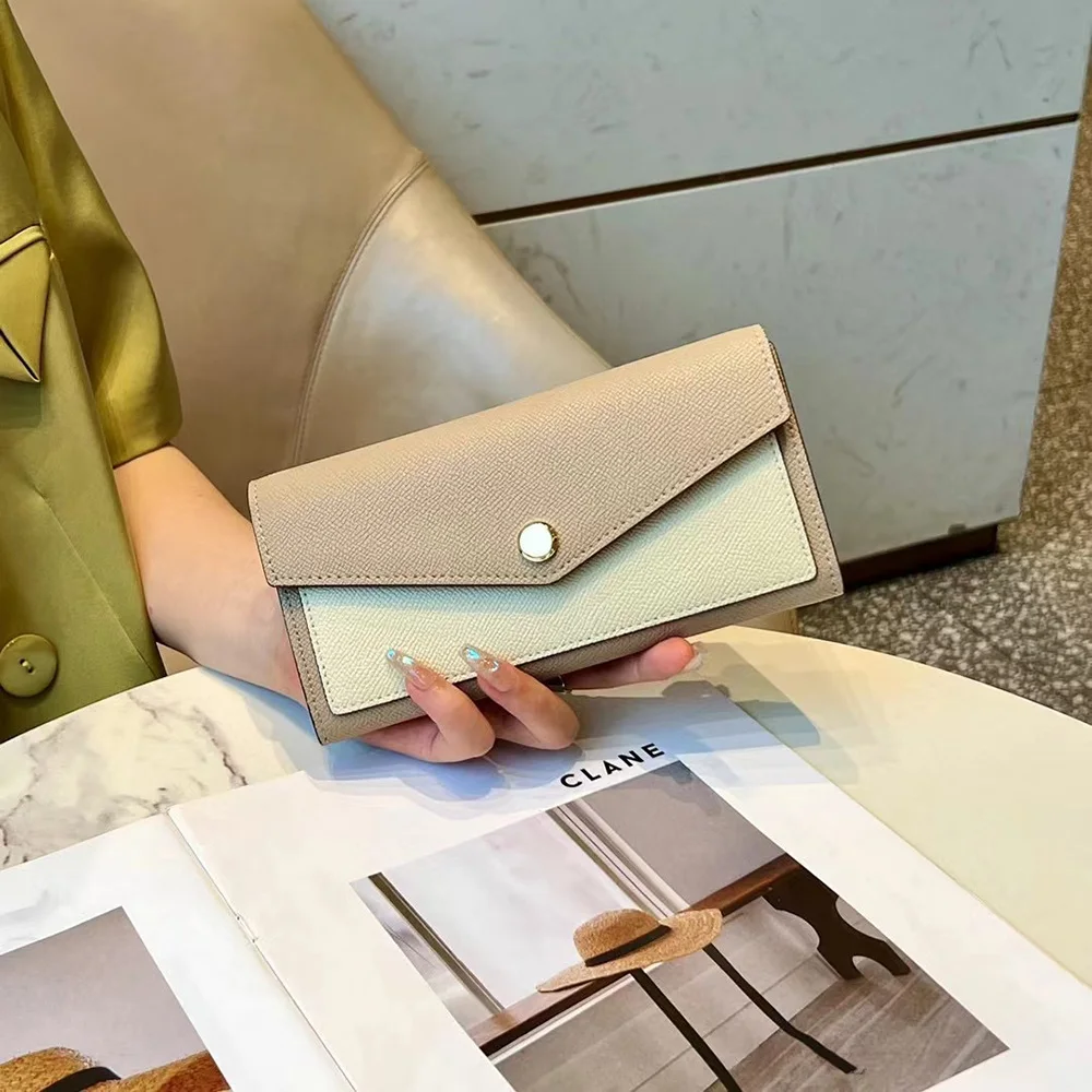 

2024 New Textured Long Wallet Genuine Leather Women Clutch Bags Brand Design Two-tone Cowhide Wallets For Ladies Phone Purse