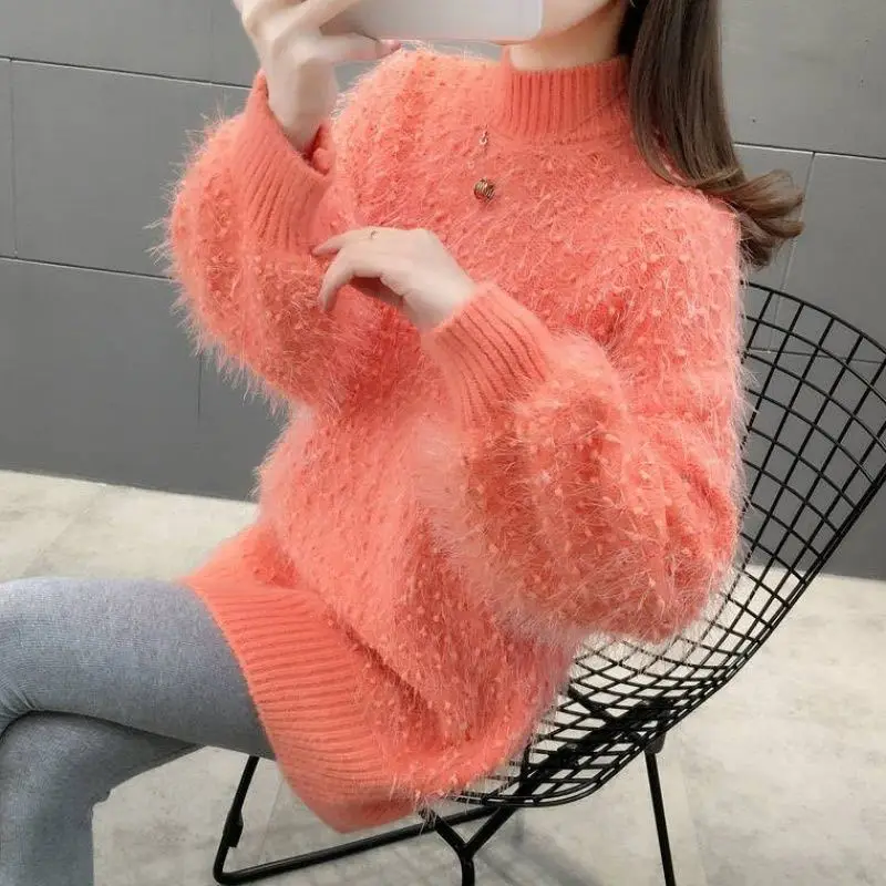 Women's Solid Color Korean Mid Length Tassel Knitted Autumn and Winter Loose Half High Neck Long Sleeve Sweater Tops Pullover