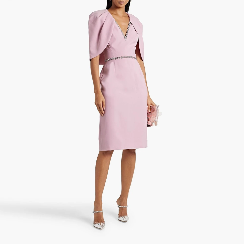 Muloong Light Pink V Neck Midi Dress Cape Sleeves Classic Evening Dress 2023 Crystal Mermaid Saudi Aribia Cocktail Party Dress