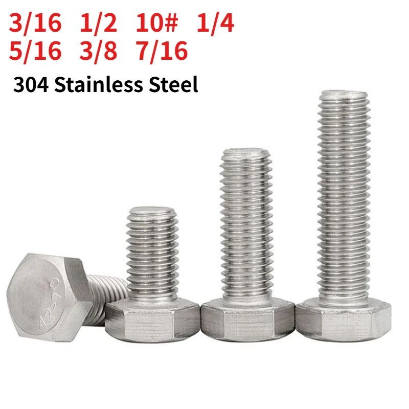3/16 1/2 10# 1/4 5/16  3/8 7/16  304 Stainless Steel Imperial & US Hex Head Bolt A2-70 UNC UNF Inch Thread Outer Hexagon Screw