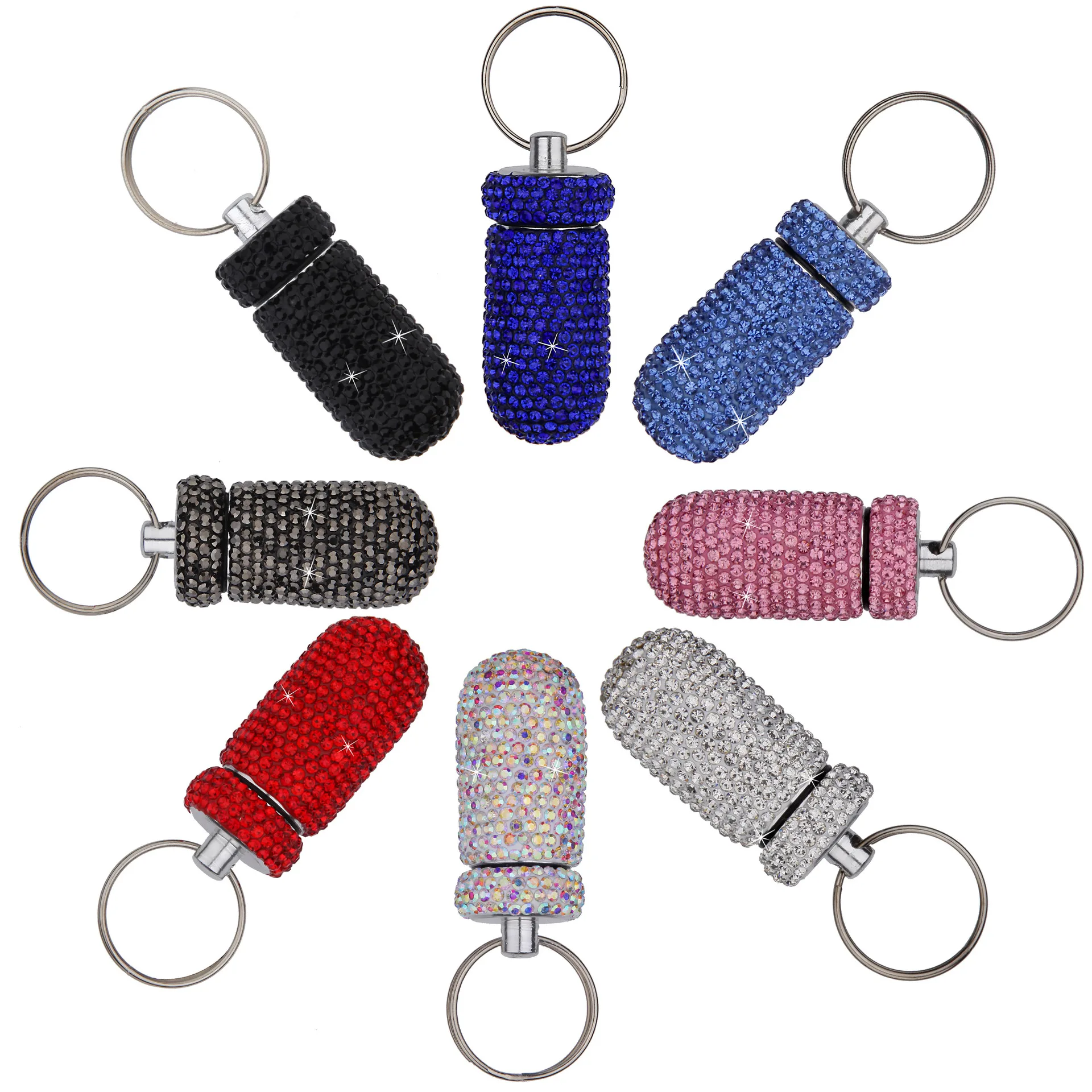 Bling Rhinestone Pillenbehälter, tragbares Pillenflaschenetui, wasserdichte Reise-Medizinbox, schöner Halter zur Aufbewahrung mit Schlüsselanhänger – Detail 9