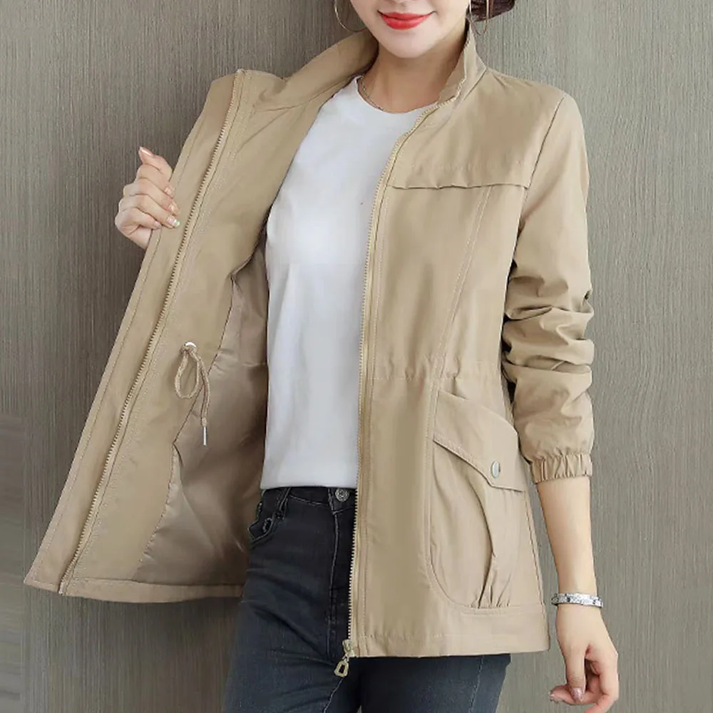 

Korean Women Trench Coats Casual Lapel Drawstring Windbreake Spring Loose Gabardina Khaki Mid-length Jacket Big Size 4xl Abrigos