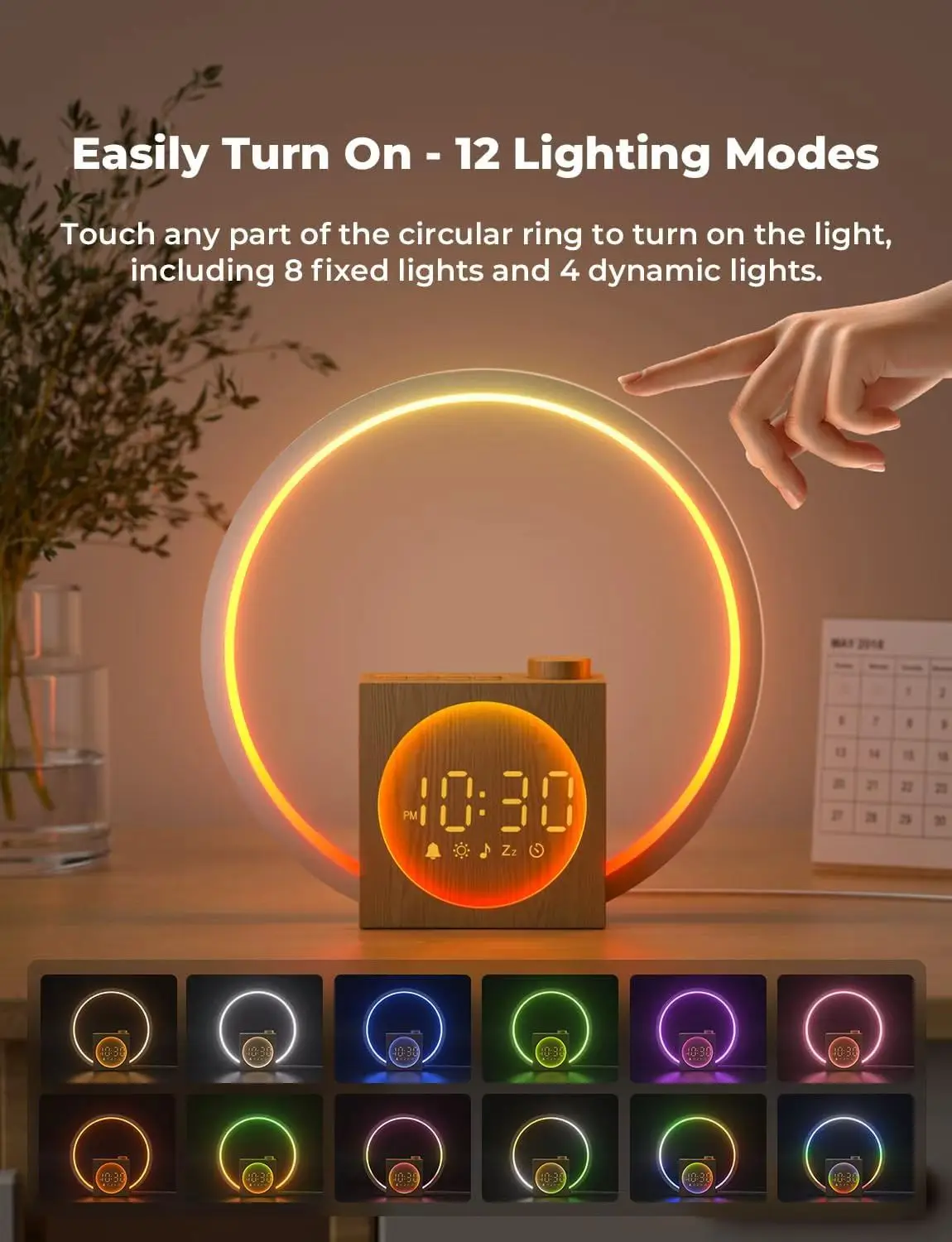 USB portable smart desk clock, wood grain color, white LED lighting, sunrise function, hotel alarm clock