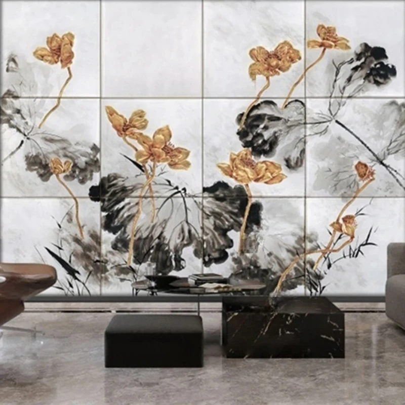 Custom Chinese Hand-Painted Ink Lotus Wall Mural Elegant Watercolor Floral Wallpaper for Living Room Office Tea Room Wall Decor
