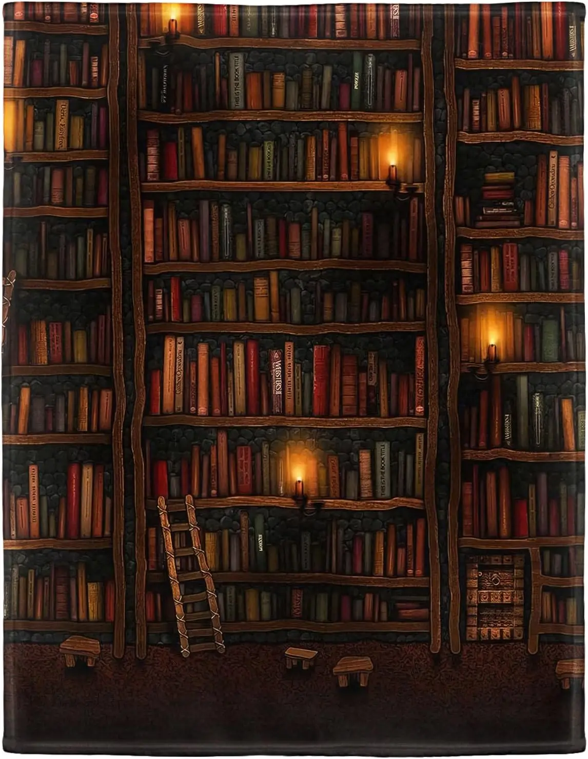 

Bookish Reading Blanket Soft Warm Flannel Plush Throw Blankets for Book Lovers Gift Ideas, Vintage Library Bookshelf Candle Ladd