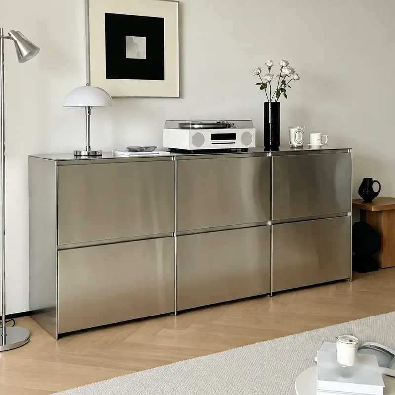 Brushed Stainless Steel Locker 6 Bucket Cabinet Minimalist Floor to Ceiling Storage Side Cabinet for Living Room Entrance