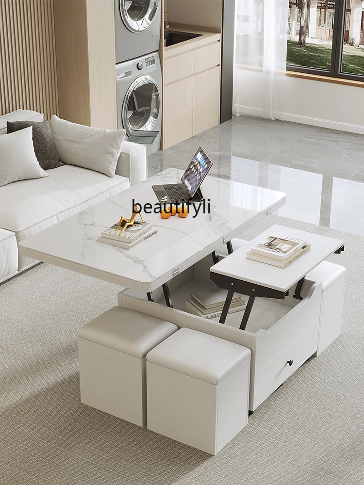 Multifunctional Stone Plate Lifting Coffee Table Dining Tables and Chairs Set Removable Folding Tea Table