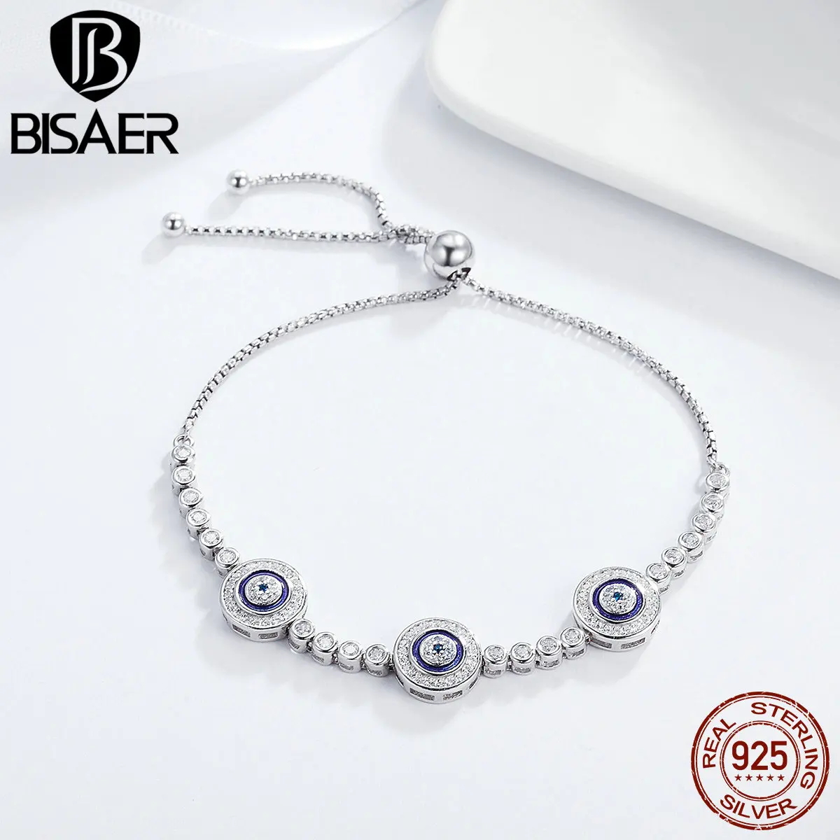 BISAER 925 Sterling Silver Lucky Blue Demon Eyes Bracelet Evil Eyes Chain Women Tennis Adjustable Bracelets Fine Jewelry ECB00