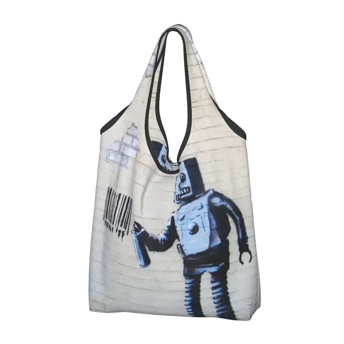 

Banksy Graffiti Smiling Robot Shopping Bag Foldable Grocery Eco Bags Large Capacity Recycling Bags Washable Handbag