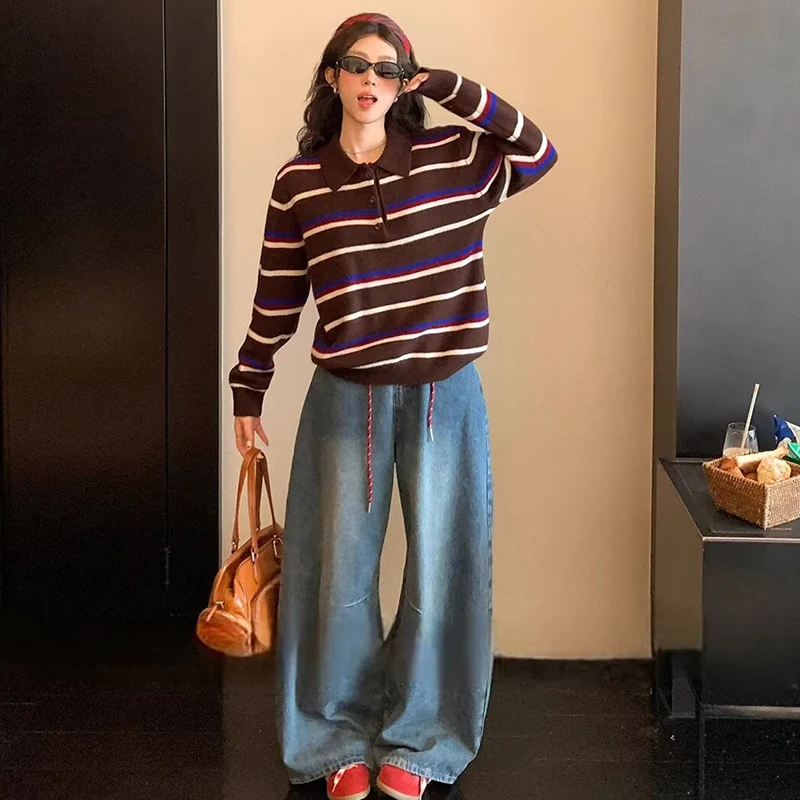 Knitted Pullover Tops Women's Spring 2026 New Retro Fashion Striped Loose Warm Sweater Women's Chic POLO Collar Knitted Blouses