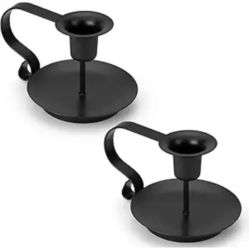 Black Metal Taper Candle Holders Set of 2, Vintage Farmhouse Rustic Chamberstick Candle Holder with Handle for Taper Candles
