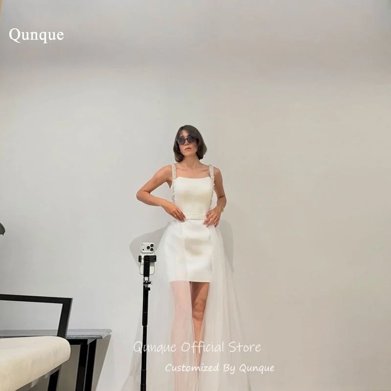 Qunque Square Neck Satin Wedding Dresses Sparkling Beaded Rhinestone Mini Bridal Gowns A Line Vestido De Novia Boda Customized