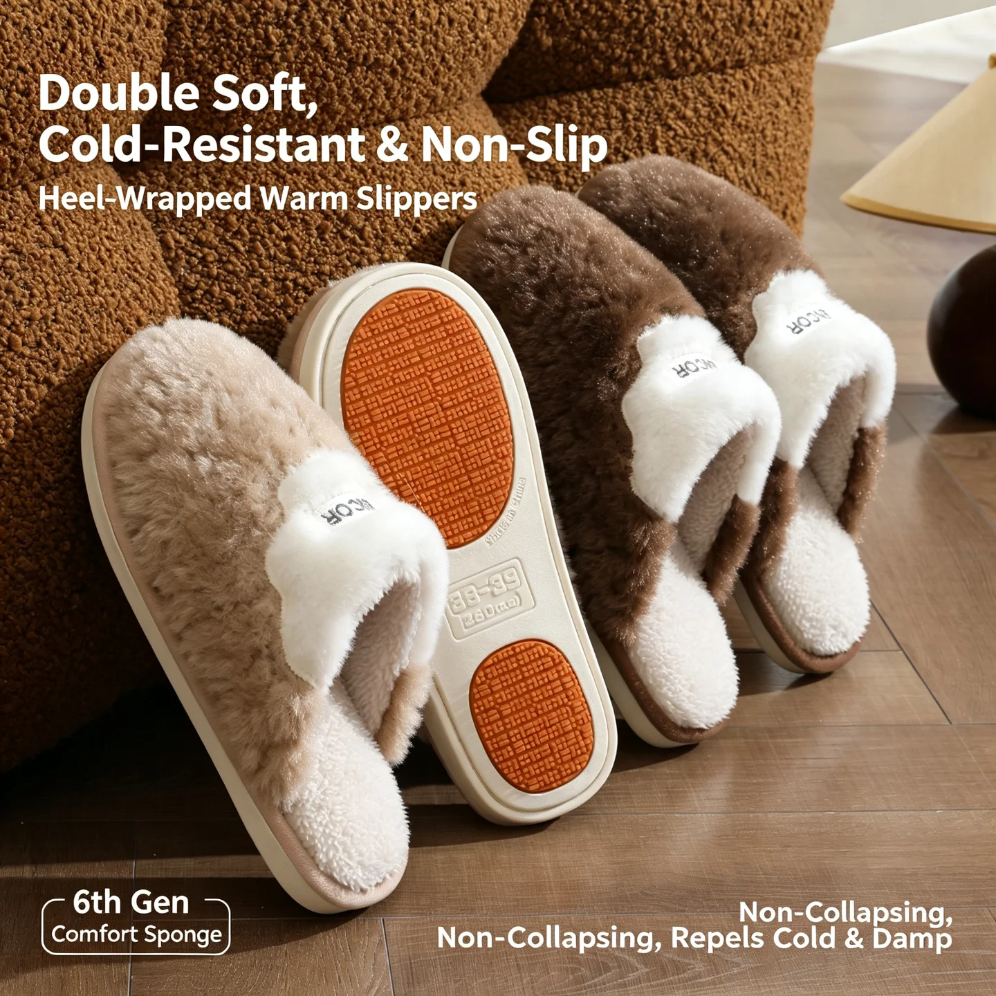 Winter Warm Slippers Women Men Fluffy Plush Closed Heel House Shoes Anti-Slip Soft Sole Memory Sponge Indoor Bedroom Mules