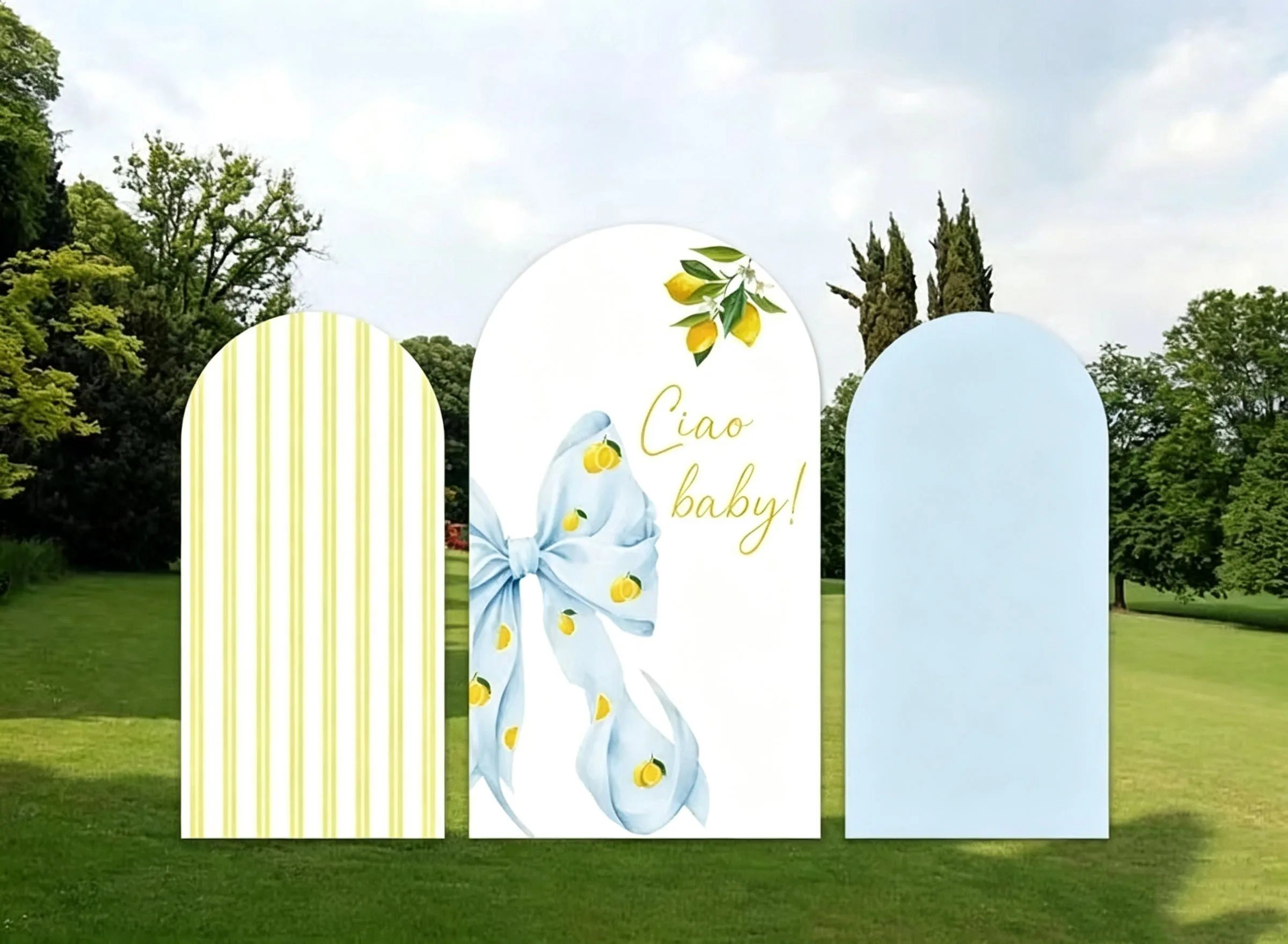 Custom 2-Side Ciao Baby Shower Arch Backdrop Cover Lemon Bow Yellow Stripes Diy Name Age Birthday Party Decor Backdrop Photo