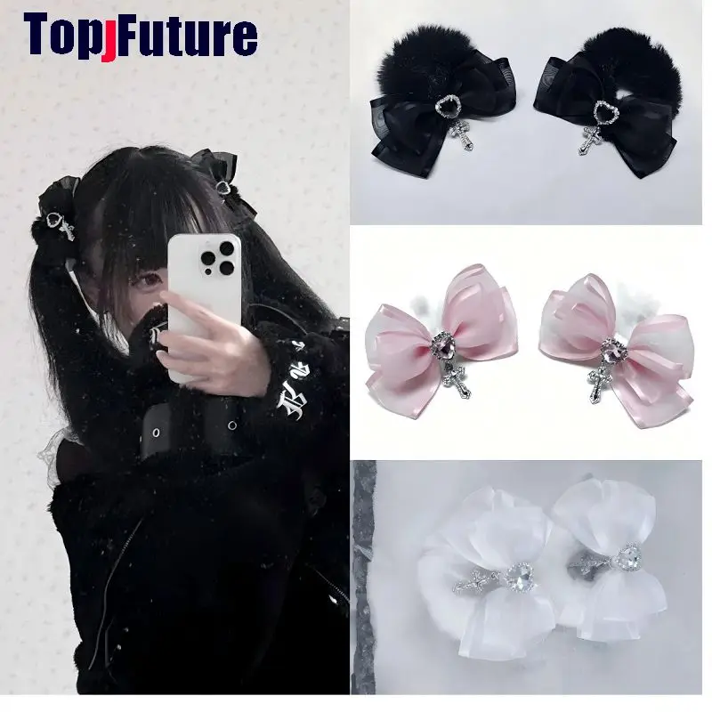Y2K Gothic Subculture Rere Style Furry Bow Cross Rhinestone Scrunchies Hair Clip Lolita Harajuku Hair Accessories For Girls