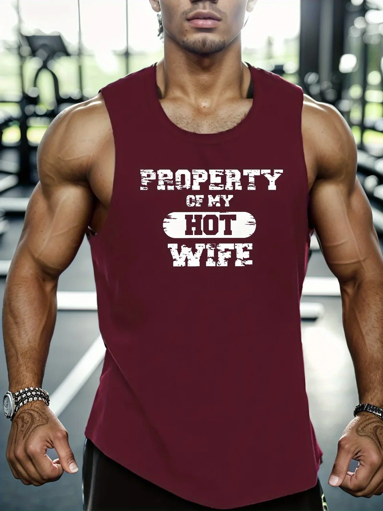 Fashion New Men's PROPERTY OF MY HOT WIFE Letter Print Sleeveless Vest Gym Workout Funny Husband Gift Casual Summer Tank Top