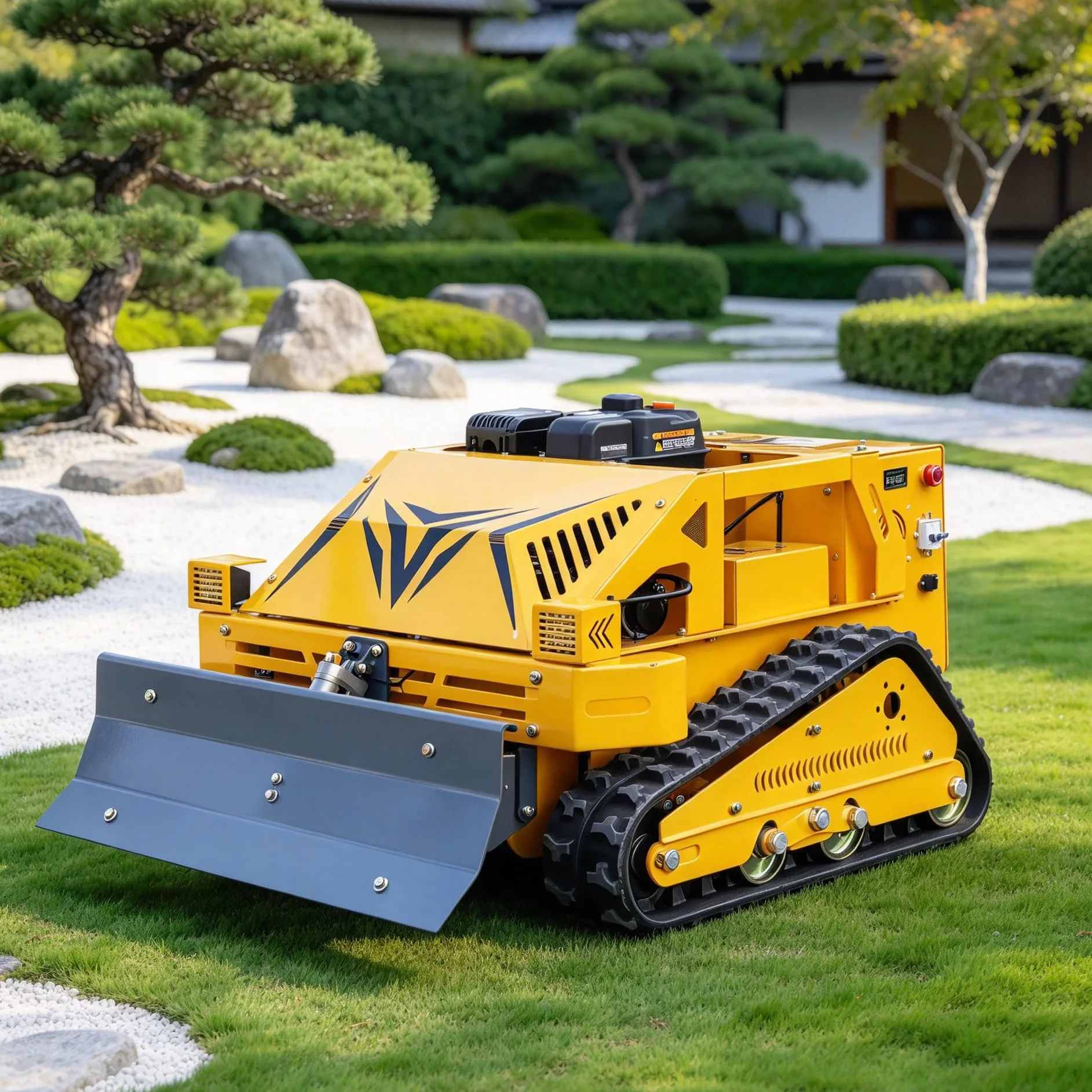 Customized zero turn lawn mower with spade shovel, remote control robot lawn mower with crawler design for obstacle crossing