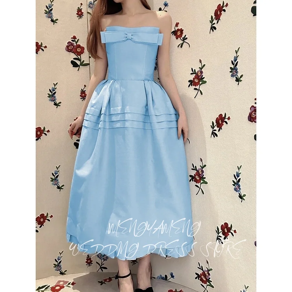 ZHUISHU Elegant Black Strapless Evening Dresses Korea Prom Dress Pleated Satin Bow Wedding Party Gowns Ankle Length Customized