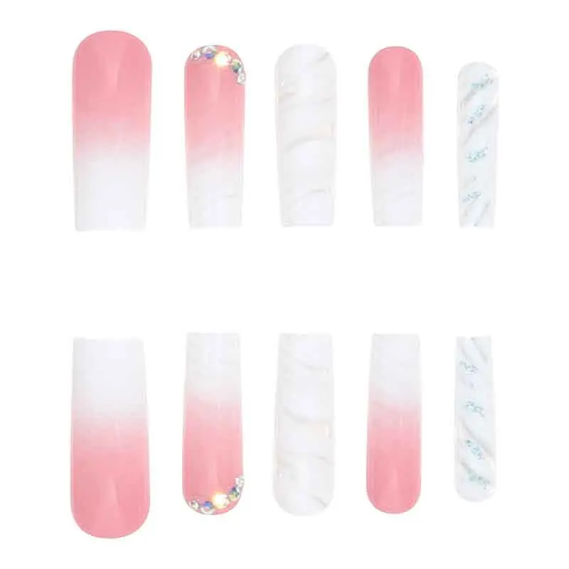 Dégradé blanc avec diamant Nail Art portable, Patch amovible pour faux ongles, sans réparation des ongles