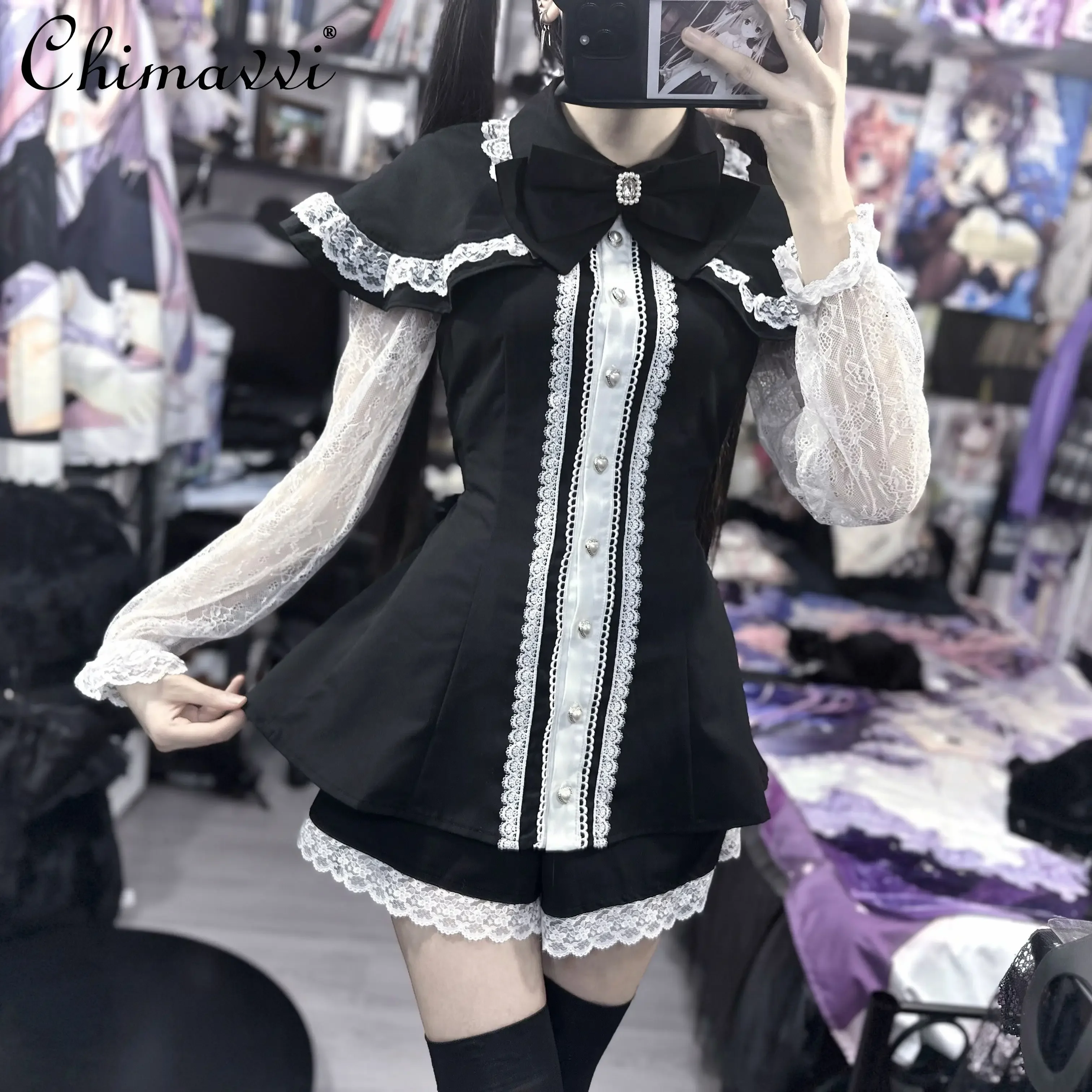 

Japanese Mine Mass-produced Cape Lace Sleeve Dress and Shorts Sets Autumn New Subculture Sweet Girl Lolita Two-piece Set Outfits