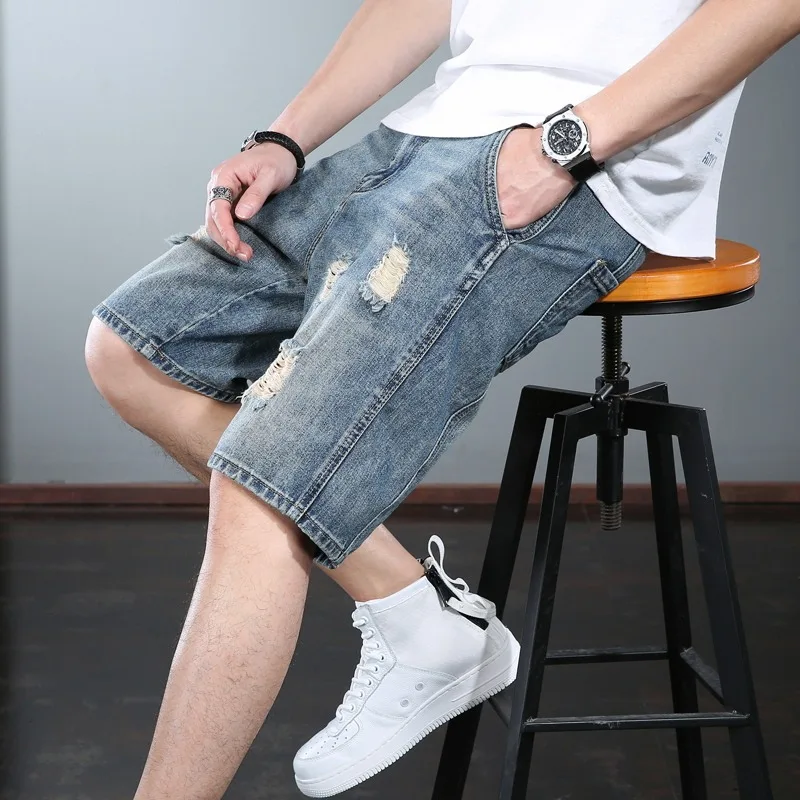 2022 Summer Ripped Short Jeans Men Denim Shorts Streetwear Casual Baggy Straight Knee Length Pants