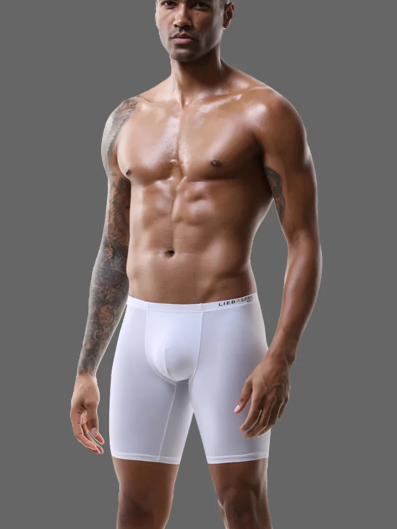 

Men's Underwear Extended Boxer Shorts Imitation Leg Grinding Ice Silk High Elastic Double Layer Front Low Waist Solid Color HW0M
