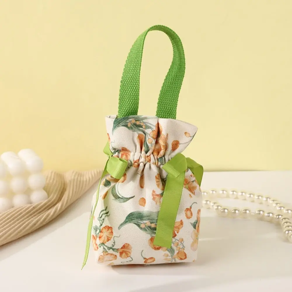 Korean Canvas Festive Drawstring Ribbon Bowknot Sugar Bag Flower Letter Wedding Handbag Large Capacity Jewerly Packing Bag