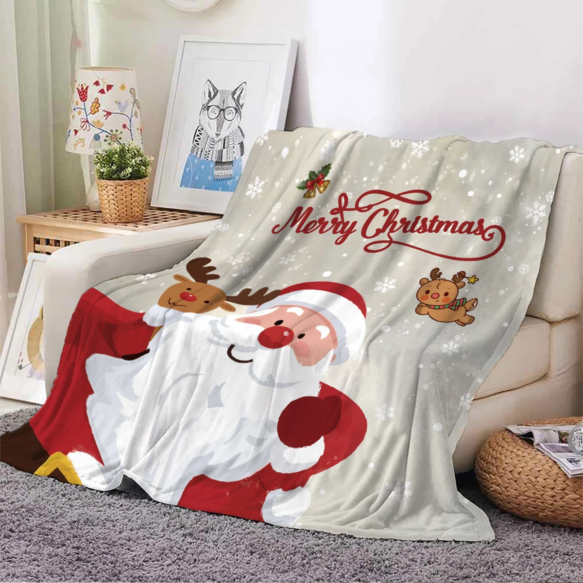1 Stück Flanelldecke mit Cartoon-Weihnachtsmann-Aufdruck, verschiedene Größen, Wohnzimmer, Sofa, Nickerchen, Freizeitdecke, weich und maschinenwaschbar