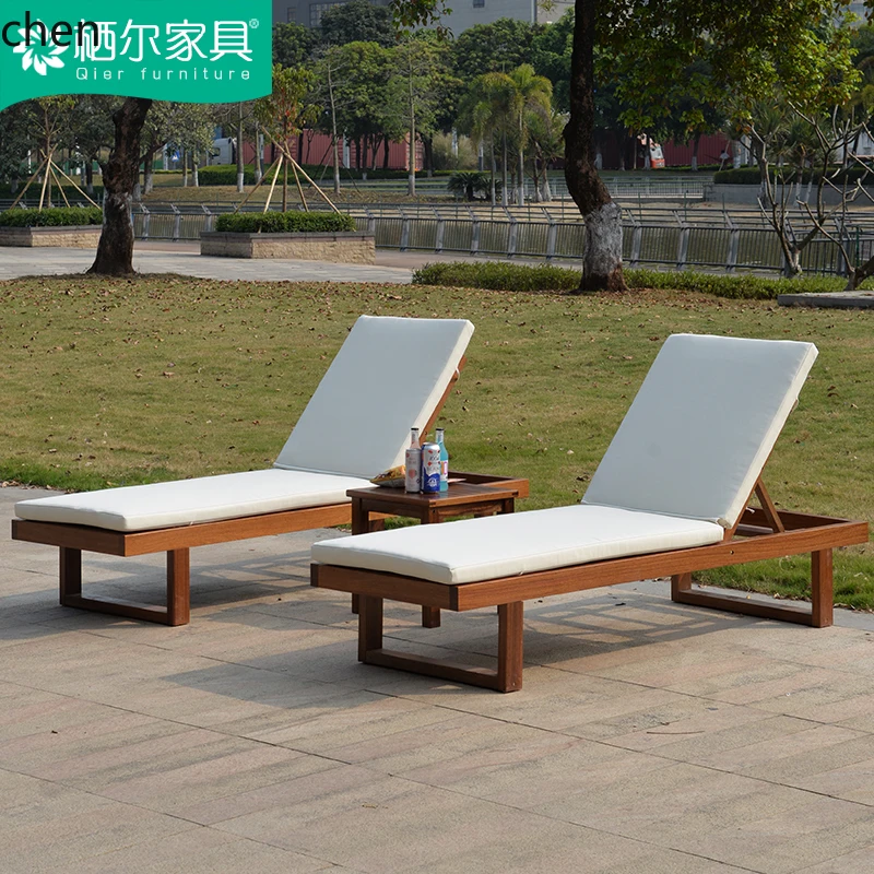 Outdoor Teak Wood Reclining Bed Outdoor Courtyard Pool Recliner Club Beach Woven Rattan Chair Waterproof Sunproof Solid Wood