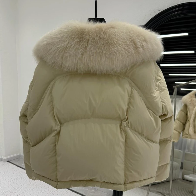 Grande gola de pele para baixo jaqueta feminina nova moda inverno estilo estrangeiro pequeno homem engrossado pato branco para baixo jaqueta quente cor pura