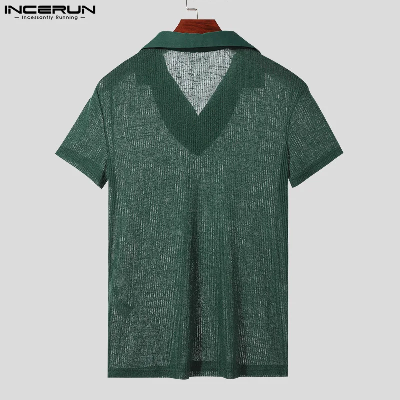 Men\'s Casual T Shirt Knitted Patchwork Lapel Short Sleeve Streetwear Men Clothing Summer Fitness 2024 Fashion Tee Tops INCERUN