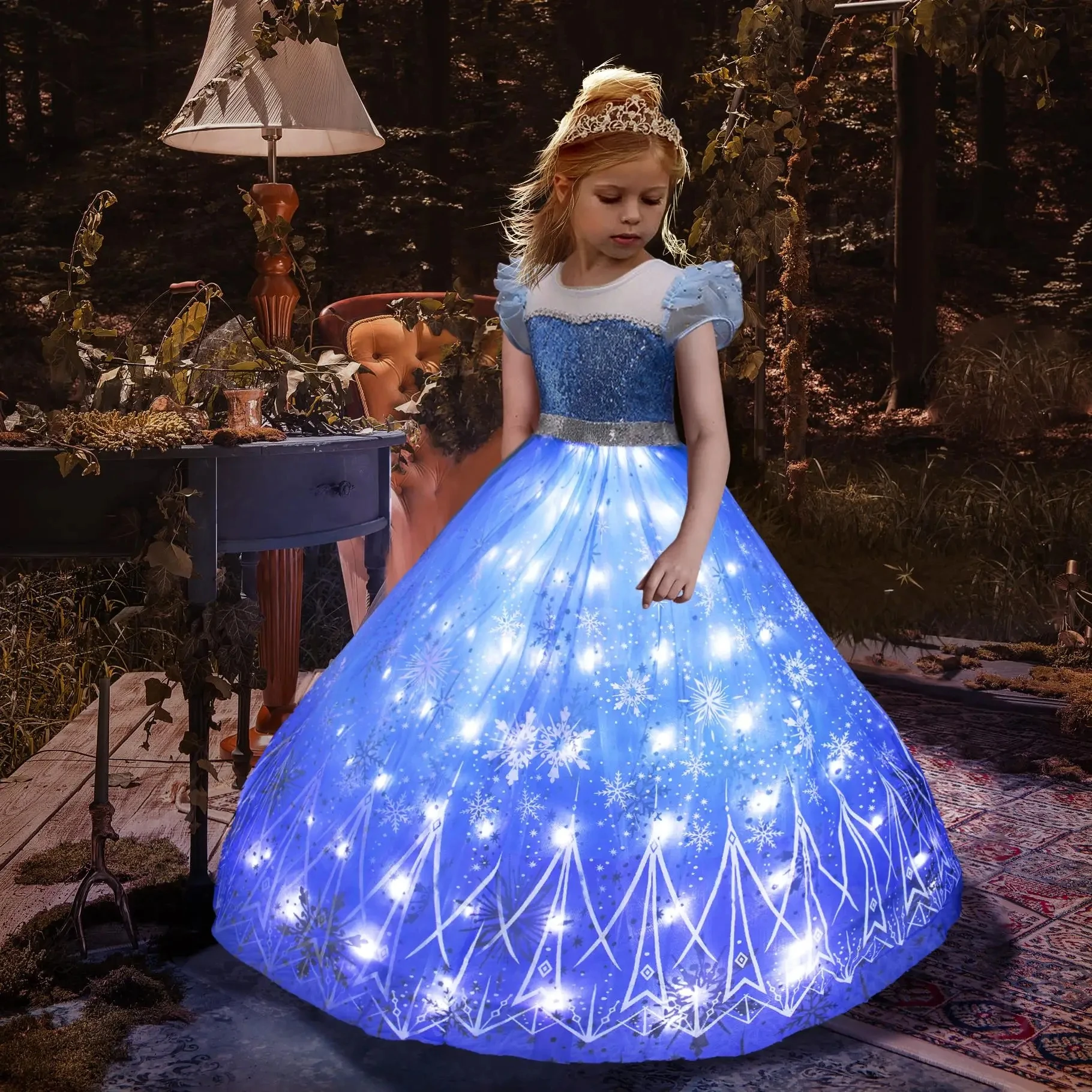 New Frozen Princess Elsa LED Light Up Dress for Girls Kids Cosplay Party Clothes Snow Queen Carnival Christmas Prom Gown ﻿