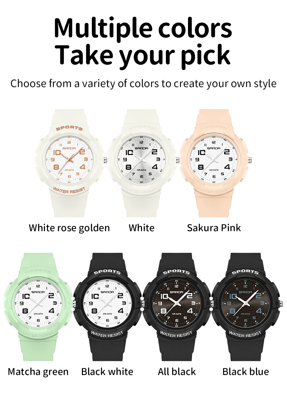 Sanda 9074 Trendy Design Soft Student Watch TPU Strap 50M Depth Waterproof Quartz Movement Children Fashion Sports Wrist Watch